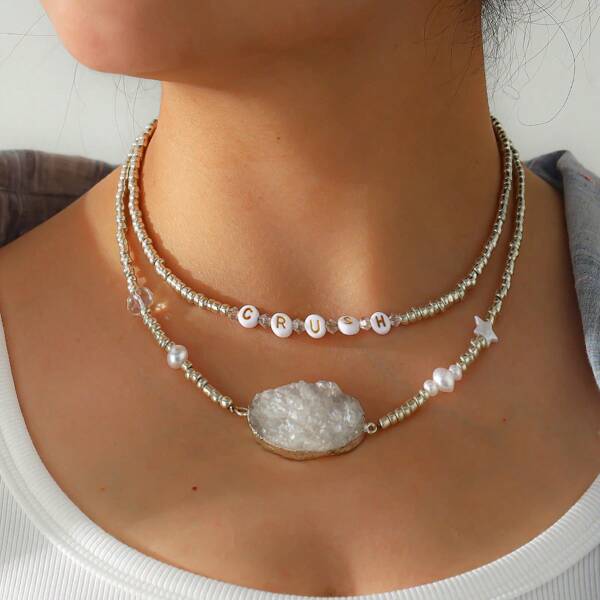 2 pièces Ensemble de collier pendentif avec lettre en cristal de quartz gris argent bohème