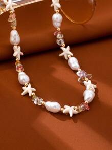 1pc Handmade Faux Pearl Starfish Choker Necklace With Colorful Beads, Fashion Jewelry For Women, Suitable For Daily Wear And Vacation, Random Color Beads