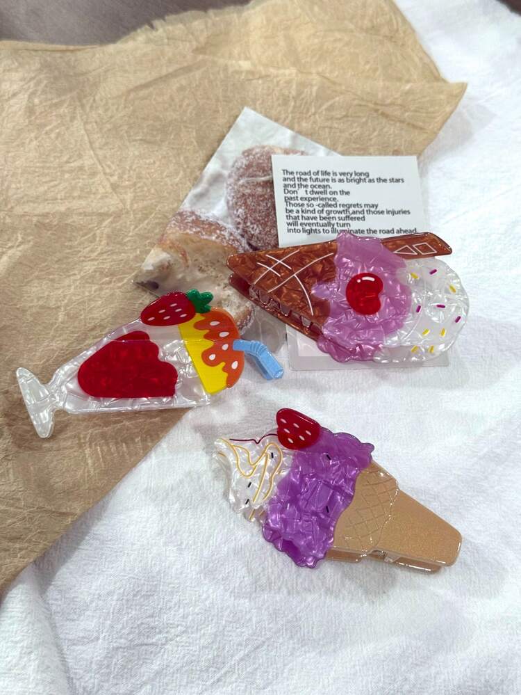 发夹 1 件装 冰淇淋和草莓汁发夹，女士装饰发夹，适合生日和情人节礼物 发饰，学校用品，大学 - 彩色 - 查看 1