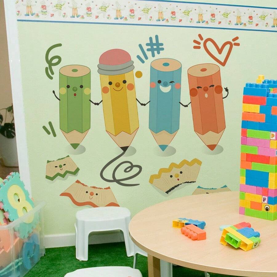 BRUP 教育墙贴 回到学校墙贴 儿童礼物 可爱卡通铅笔手拉手墙贴 儿童婴儿房卧室育儿室装饰墙贴