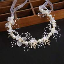 1 pieza Diadema de corona de flores con estilo natural para niños, tiara de princesa con perlas, tocado coreano para niñas, accesorio para el cabello de guirnalda floral, regalo de cumpleaños, uso diario