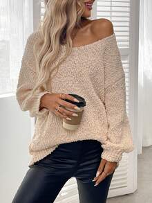 Plus Size Solid Color Crew Neck Casual Long Sleeve Knit Sweater, For Winter - Apricot - View 6