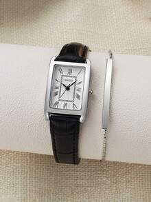 2 件套复古风格简约方形表盘罗马数字石英表 + 一体式手链女士，夏季限量版，无礼盒