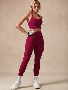 NcmRyu 一套女士高弹力休闲日常穿着吊带背心和裤子圣诞运动服套装 - 玫紅色 - 查看 10