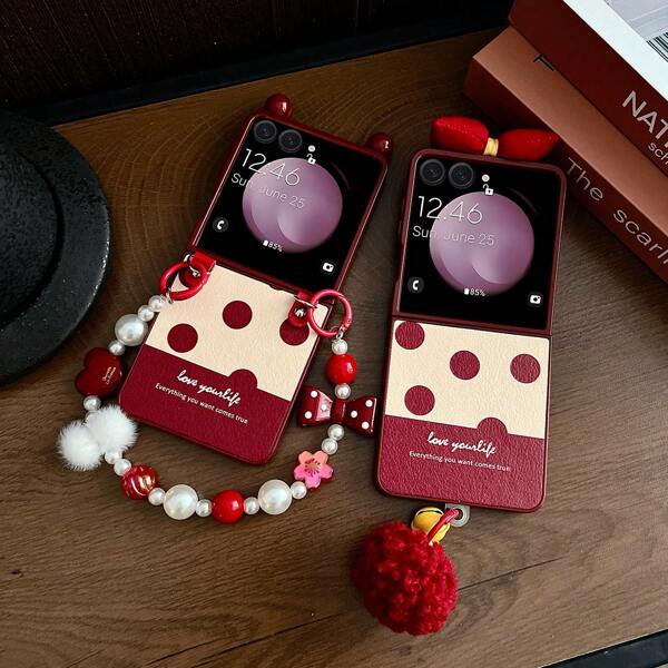 keshengtai 1pc PU Leather Polka Dot Phone Case & 1pc Fur Ball Compatible With Samsung Galaxy Z 6 5 4 3 5G