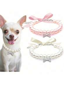 珍珠项链，镶嵌水钻骨头装饰，适合猫狗佩戴，时尚猫咪婚礼项圈饰品，适合女孩、猫咪、小型犬佩戴。