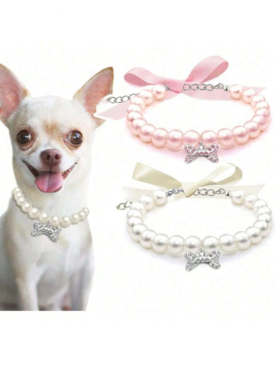 珍珠项链，镶嵌水钻骨头装饰，适合猫狗佩戴，时尚猫咪婚礼项圈饰品，适合女孩、猫咪、小型犬佩戴。