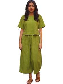 Conjunto de dos piezas para mujer en lino liso, estilo holgado y casual, ideal para estar en casa, para el tiempo libre y para ocasiones cotidianas. - Verde - Ver 6