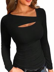 Womens Fashion Fall Cutout Long Sleeve Ribbed Slim Fitted Tops Shirts Tee Tshirts - Long-black - View 1