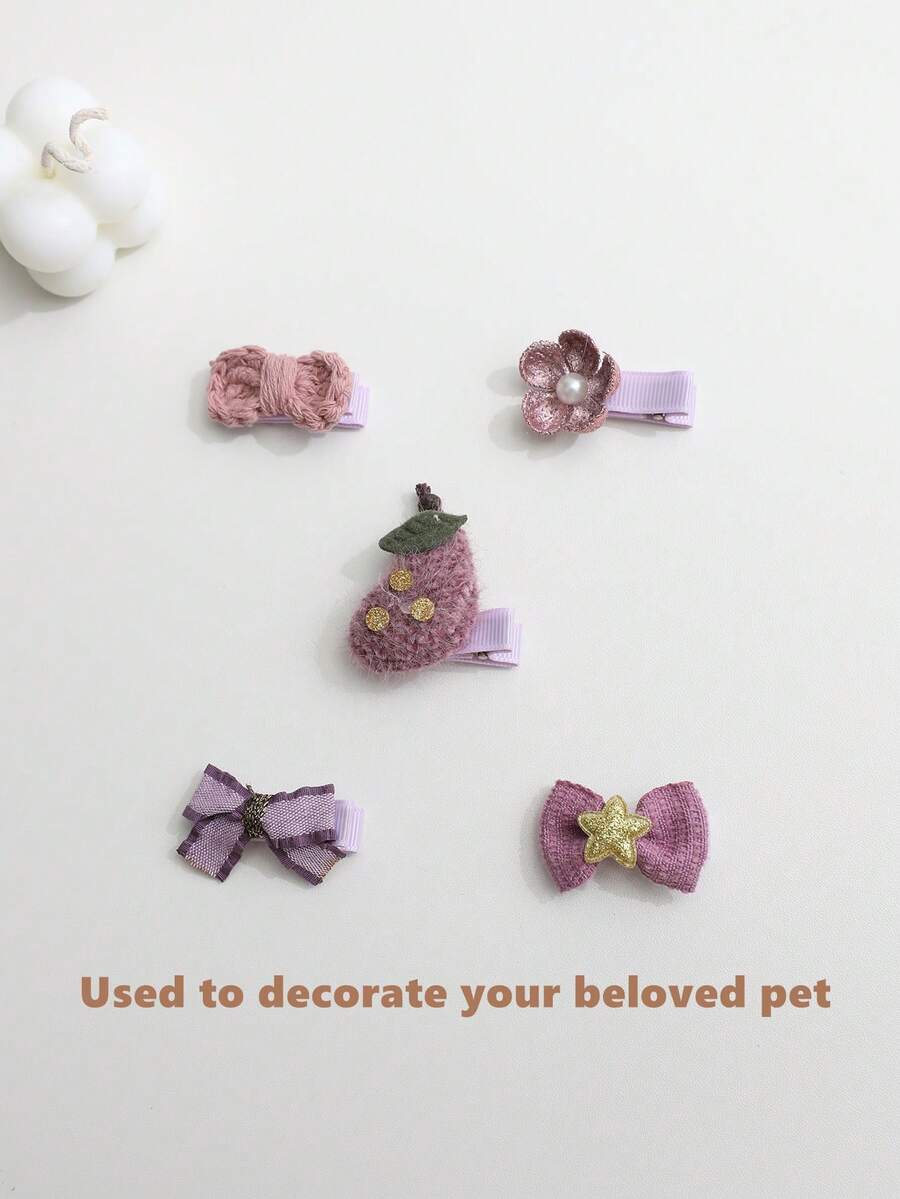 5件全包布宠物鸭嘴夹，可爱猫咪发饰，宠物装饰品，适用于狗狗 - 紫色 - 查看 1
