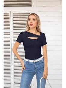 Womens Fashion Fall Cutout Long Sleeve Ribbed Slim Fitted Tops Shirts Tee Tshirts - 短版海軍藍 - 查看 2
