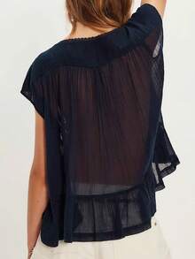 Women Button Down Ruffle Boho Tops Flowy Sheer Short Sleeve Square Neck Lace Blouse Y2k Going Out Blouse Loose Summer Vacation Vest - 藏蓝色 - 查看 4
