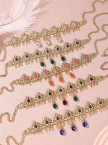 1 pièce Collier chaîne pour la tête en alliage de pierre gemme pendentif en forme de goutte d'eau rétro pour femmes, convient pour les mariages et les fêtes en tant que collier et coiffe