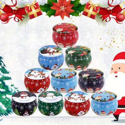 10 Christmas Cookie Tins, Metal Candy Tinplate, Retro Candle Tins For DIY Candles, Dry Storage, Spices, Tea, Candy, Party Favors, Santa Claus Theme, Home & Kitchen Decor, Holiday Christmas Accessories