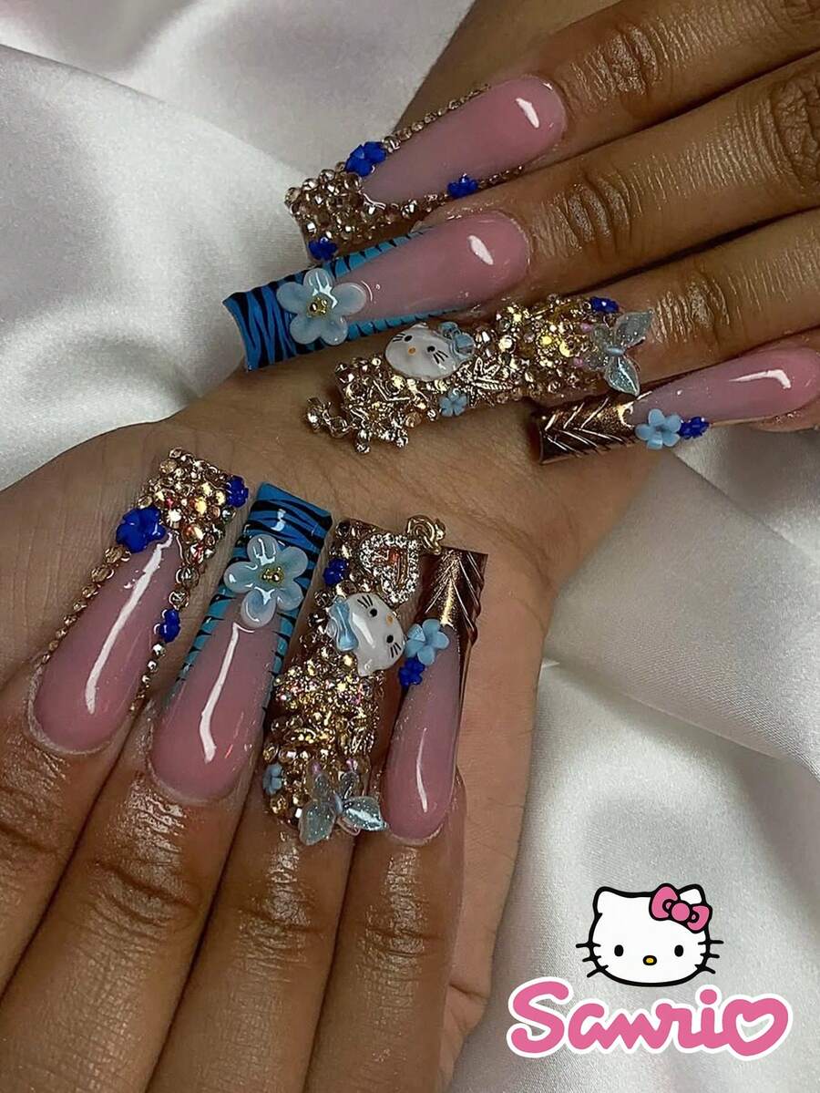 24 件长款棺材指甲贴，Sanrio 蓝色条纹法式 Hello Kitty，蓝色花卉和蝴蝶金色闪光贴花套装，含 1 件指甲胶和 1 个角质层推刀，适合女性日常、派对、活动 - 彩色 - 查看 1