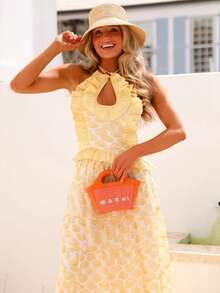 Womens 2 Piece Maxi Skirt Set Y2k Halter Ruched Cami Top Tiered Flowy Ruffle Skirt 2025 Summer Beach Outfits - Yellow - View 3
