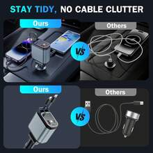 W&O 4-In-1 Fast Car Charger With Extendable 31.5" Cable, USB & Type-C Ports - Compatibility For Phone 16/15/14/13/12/11, Adjustable 180° Plug, Car Charger Fast Charge - Black - View 5