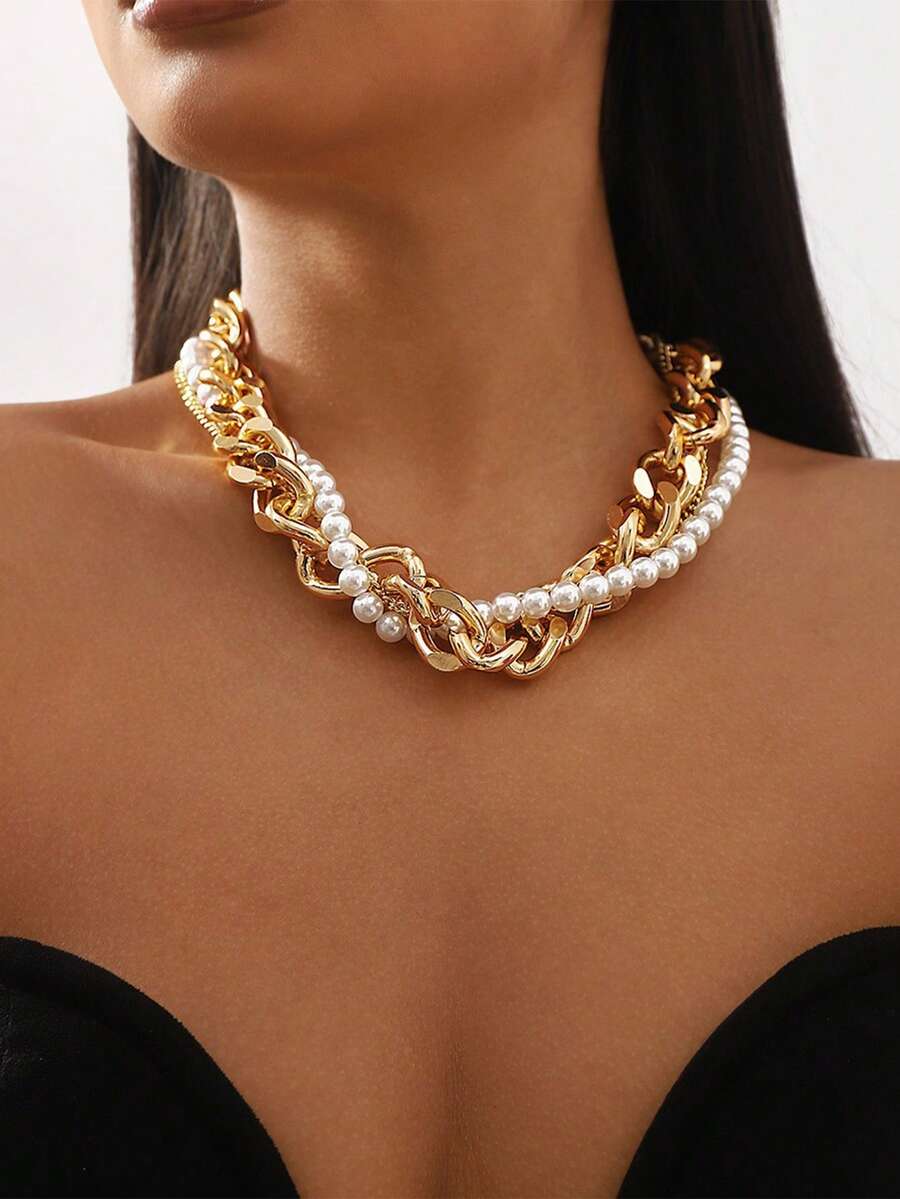 1 件复古时尚通勤珍珠项链，奢华个性化夸张金属颈链，适合女性的理想礼物和派对配饰 - 金色 - 查看 1