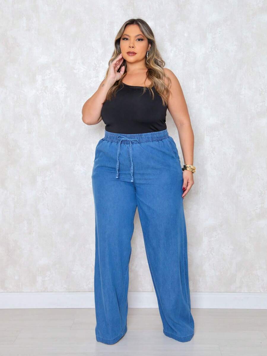 CLAÇA PANTALONA PLUS SIZE JEANS FEMININO ELASTICO NO COS E TECIDO LEVE - Lavagem clara - Visão 1