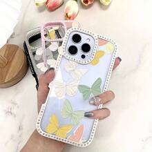 Funda para teléfono 1 unidad, diseño de mariposas pastel, estampado artístico, con purpurina, doble cara | Funda brillante 11/12/13/14/15/16 con pegatinas de joyas |/ Regalos de cumpleaños - Blanco - Ver 5