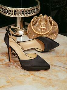 Women's Black Satin Pointed Toe Ankle - Strap Platform Heels Elegant High - Heel Dress Shoes For Evening Party Wedding Formal Events Stylish Footwear Ideal For Spring Summer Autumn Occasions - Black - View 4