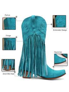 Fringe Mid Calf Boots For Women Cowboy Embroidered Chunky Heel Western Tassel Boots Women Cowgirl Party Vacation Riding Boots - 藍色 - 查看 6