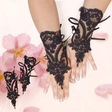 1 Pair Elegant Black Lace Fingerless Gloves For Women - Intricate Floral Pattern, Elastic Wrist Band, Breathable Polyester Fabric, Perfect For Halloween, Masquerade, Halloween Costume, Party Accessories, Fantasy Themed Outfits, Intricate Craftsmanship