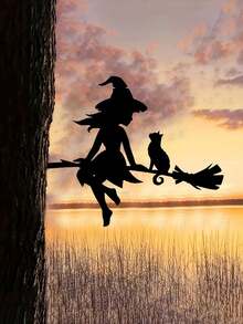 1pc Enchanting Witch & Cat Garden Decor - Iron Yard Art With Flying Broomstick, Perfect For Halloween & Outdoor Spaces, Tree Stump Insert, Outdoor Garden Decor|Spooky Theme Decor|Iron Construction, Witch DecorA Perfect Halloween Gift For Lovers, Parents And Friends. - Multicolor - View 3