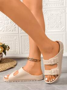 Modne sandały damskie, jednokolorowe, regulowane, płaskie sandały z pianki EVA z podwójną klamrą, lekkie, miękkie podeszwy, klapki plażowe, szerokie