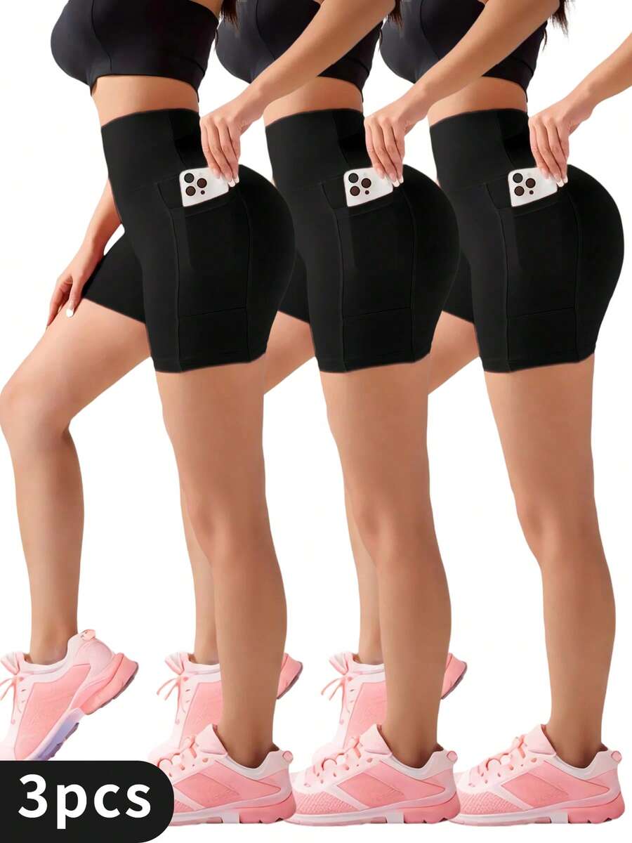 3pcs Women's Solid Yoga Shorts - 4-Way Stretch High-Waisted Workout Shorts - Anti-Chafing & Squat Proof, Lightweight For Hot Yoga, Jogging, Travel - 3pcs(black) - 查看 1