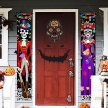 1 New Halloween Skeleton Technology, Grand Door Frame Hanging Decorative Banners, Outdoor Halloween Decoration Set. 11.81 * * 70.86 Inches, Polyester Fiber, Perforated Bottom, Hanging Pole, Death Day Skull Decoration Banner Hanging On Door Frame, Halloween Skull Costume Design