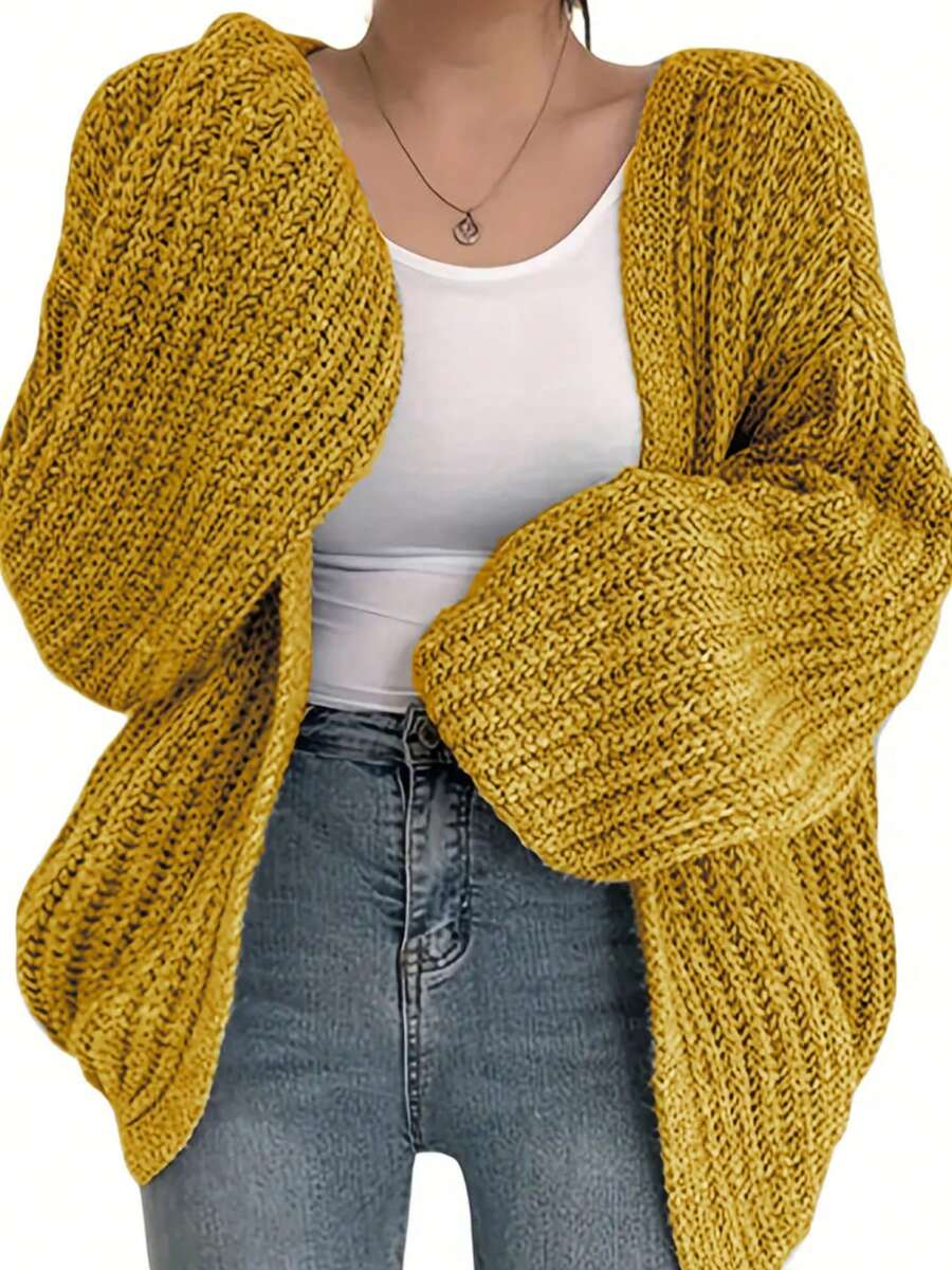 优雅宽松加大码纯色开衫，适合年轻女性的百搭休闲针织毛衣，长袖开襟针织毛衣