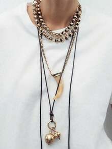 1 件新款时尚多层堆叠动物角设计夸张吊坠项链女士 - 金色 - 查看 1