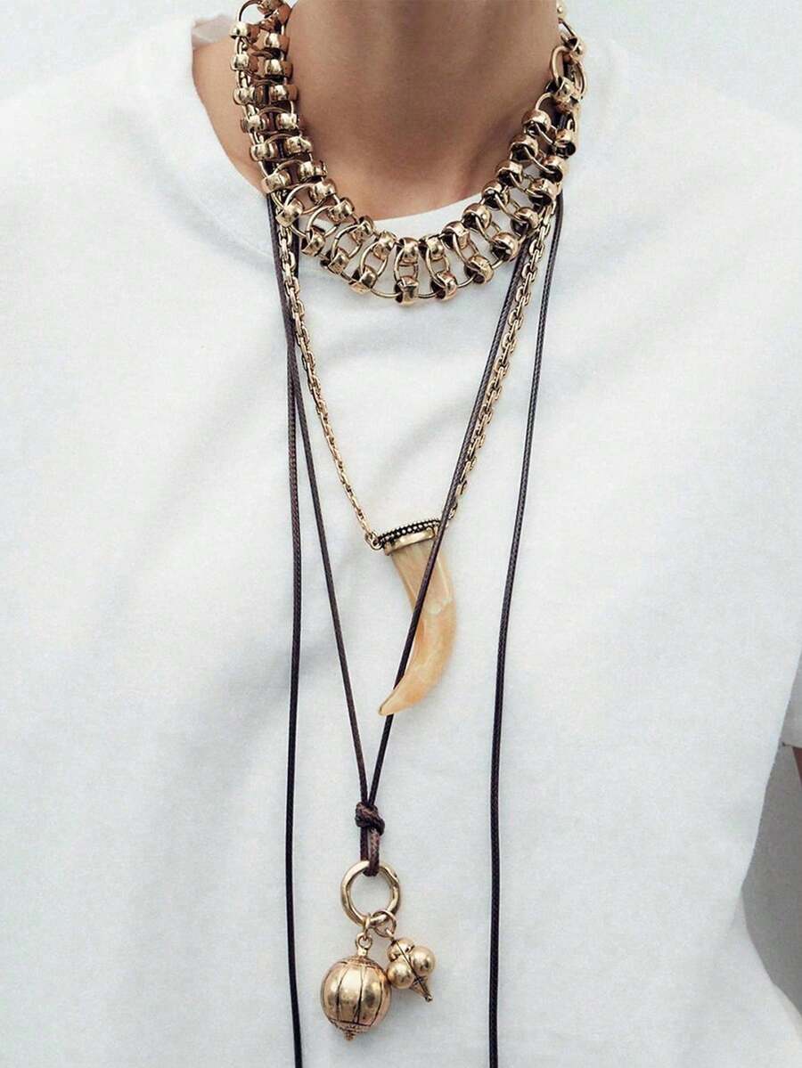 1 件新款时尚多层堆叠动物角设计夸张吊坠项链女士 - 金色 - 查看 1