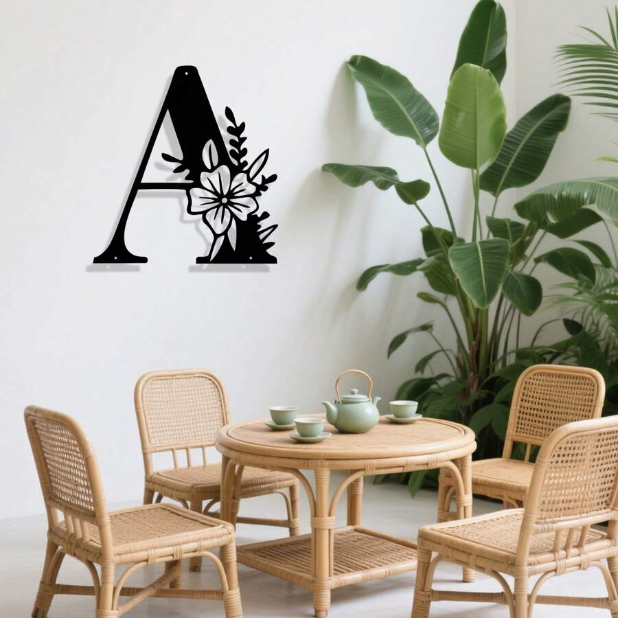 1 件优雅的黑色字母和花卉艺术装饰壁挂，创意铁艺装饰，适用于办公室、咖啡厅、客厅、卧室 - 易于安装