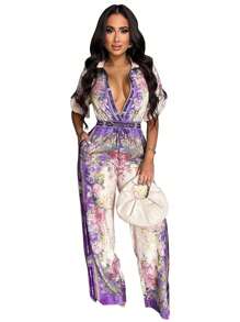 Women's Printed Holiday Casual Jumpsuits With Cinched Waist, For Summer - Purple - View 7