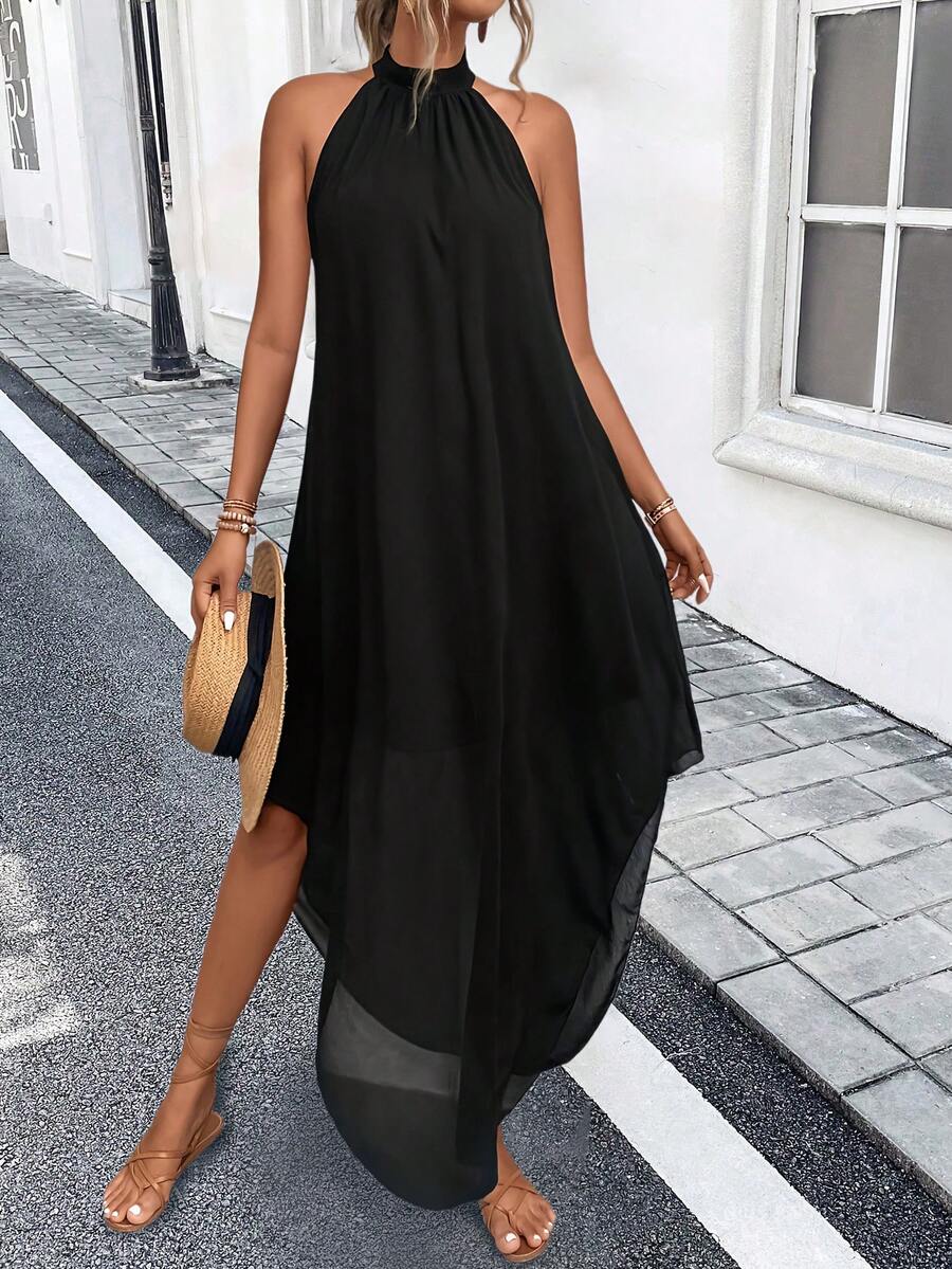 Elegant Sleeveless Mock Neck Asymmetrical Hem Halter Dress | Casual Loose Simple Spring Summer Outfits For Women, Vacation Outfits - 黑色 - 查看 1
