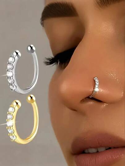 2pcs Elegant Luxurious Gold-Plated U-Shaped Nose Clips With Faux Diamond, Multipurpose Fake Nose Ring For Women, Suitable For Daily Wear And Vacation, Applicable For All Seasons
