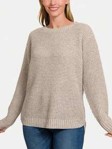 Women's Casual Pullover Essential Waffle-Knit Sweater Top Mocha Waffle Long Sleeve Cozy And Warm Crew Neck Relaxed Fit Perfect For Spring/Fall/Winter Versatile Layering Piece For Casual Wear And Office Outfits - 摩卡 - 查看 1