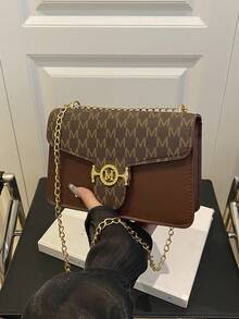 时尚字母印花链条肩带单肩包，百搭简约女士翻盖斜挎包