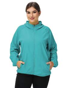 1pc Women Outdoor Lightweight Solid Color Long Sleeve Casual Jackets, Zipper Hooded Plus Size Women Jackets, Water-Resistant Fabric, Sun-Protective Outerwear