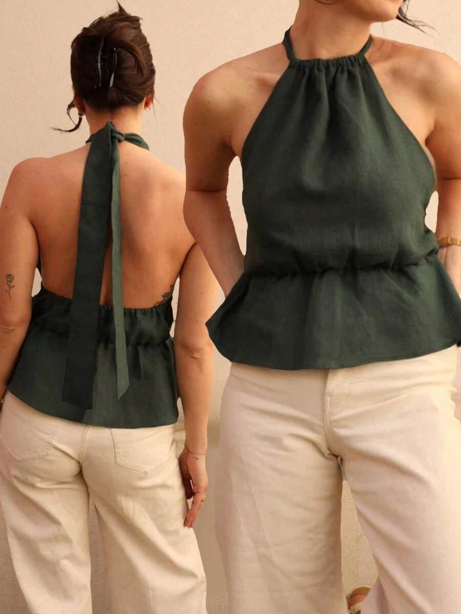 Camisa de Alça Casual Feminina com Cordão e Pregas, Uso Diário, Para Ir ao Trabalho, Férias, Elegante, Confortável, Cor Sólida, Leve, Macia, Praia, Rua