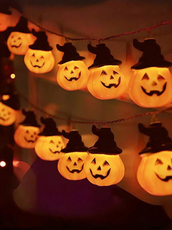 1pc 2M/3M Halloween Wizard Hat Pumpkin String Lights, Terrifying And Funny Style Witch Pumpkin LED Decorative Lights, Battery-Powered, Suitable For Halloween-Themed Indoor Living Room, Bedroom, Bar Scene Horror Decorations, Outdoor Porch And Courtyard Hanging Decorations, Halloween Party Festival Decorative Lights