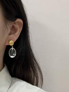 1 Pair Oval Resin Drop Earrings, Vintage French Textured Metal Ball And Teardrop Earrings, Fashionable