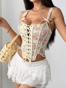 JSE 独立印花交叉系带蝴蝶结束身胸衣 - 黃色 - 查看 4