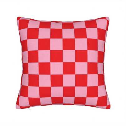 1 Stück doppelseitiger karierter rosa & roter Kissenbezug, 45 x 45 cm, weiches Polyester Sofakissenbezug mit unsichtbarem Reißverschluss, waschbar, geeignet für Wohnzimmer, Schlafzimmer oder Auto Dekoration