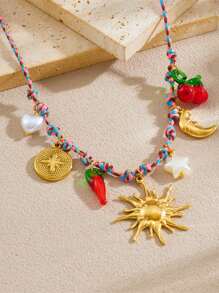 1 Creative, Personalized, Multi Colored Braided Rope Chain Necklace With Gold-Plated Circle, Geometric Shape, Sun Flower, Conch Pendant, Stainless Steel Collarbone Chain