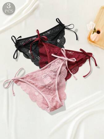 3pcs Women's Lace Thongs Briefs Romantic Floral Design Semi Sheer Nylon Blend Panties With Bow Detail Breathable Comfort Fit Women's Lingerie Underwear