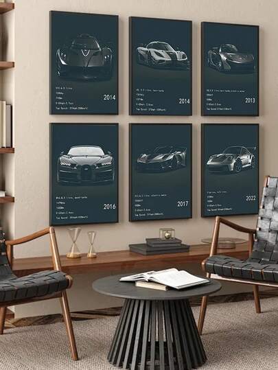 1/6-delars set med posters i art déco-stil med superbilar, väggkonst med högpresterande racingfordon, premiumpapperstryck för heminredning, sovrum, matsal, studio, vardagsrum, ramlös