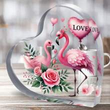 زينة أكريليك قلب بشكل فلامنغو مسطح 2D - بتصميم وردة وبالونات زهرية، مناسب لعيد الحب، عيد الميلاد، الذكرى السنوية، تركيب بدون بطاريات، زينة كلاسيكية بشكل فلامنغو للمكتب المسطح 2D